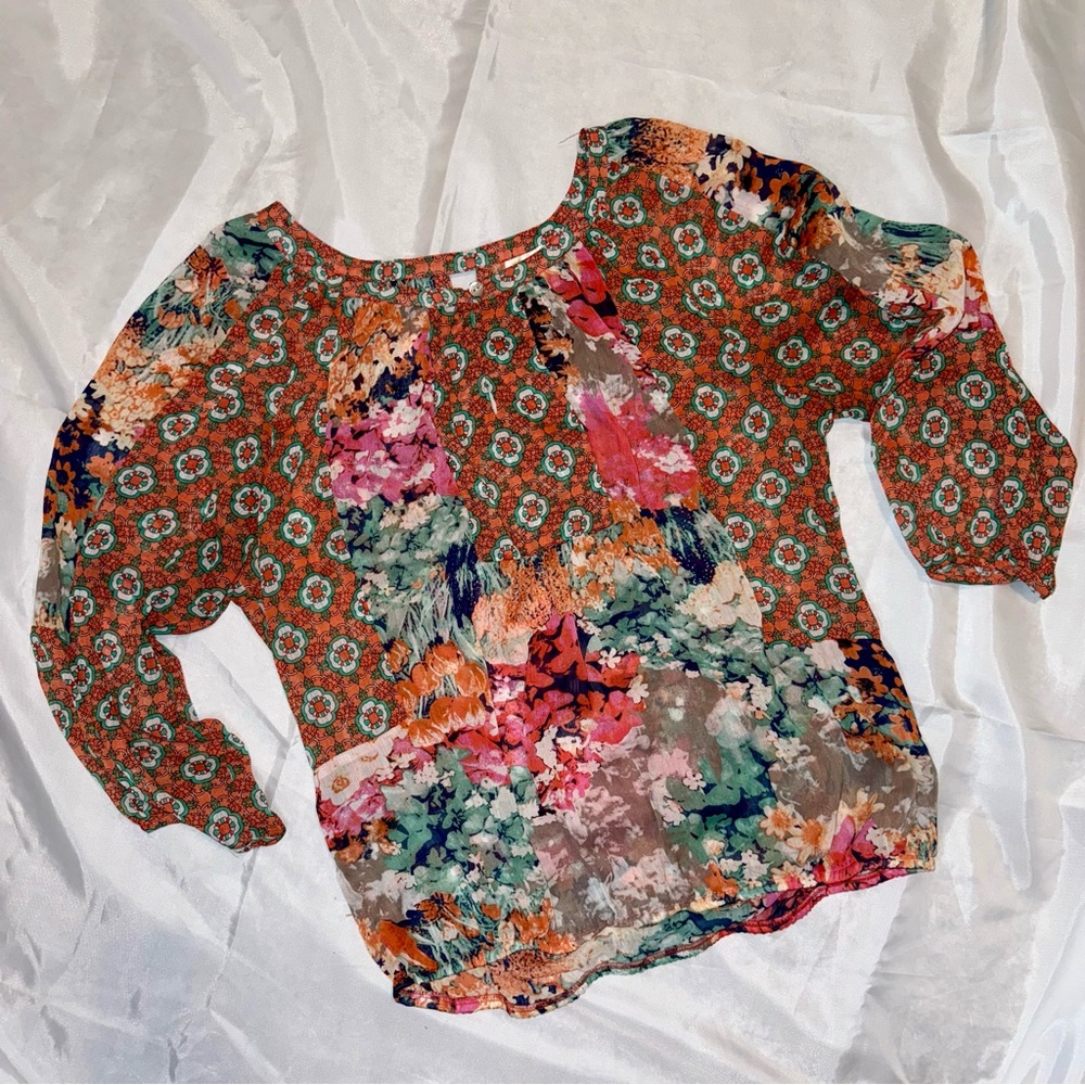 Fig & Flower Women’s‎ Sheer Floral Orange Pink Green BOHO Chic Casual Blouse Top - Picture 3 of 13